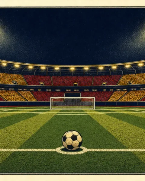 Balón en el punto de penalti de un estadio iluminado de noche