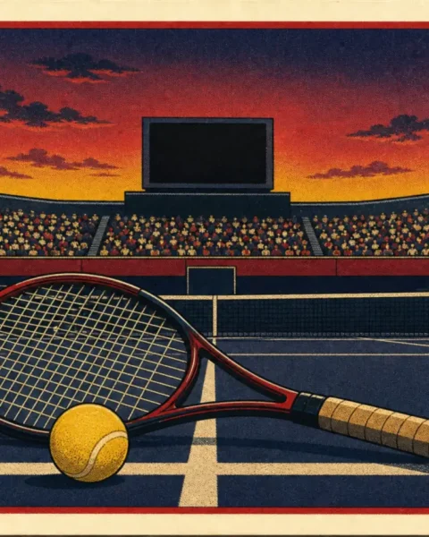 Raqueta moderna y pelota en la línea de fondo de una pista dura al atardecer