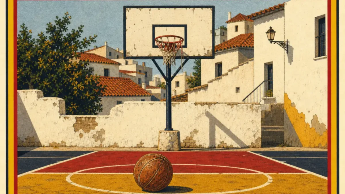 Canasta de baloncesto al aire libre en una pista mediterránea con un balón antiguo sobre la línea