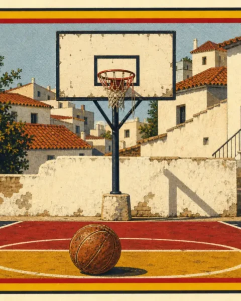 Canasta de baloncesto al aire libre en una pista mediterránea con un balón antiguo sobre la línea