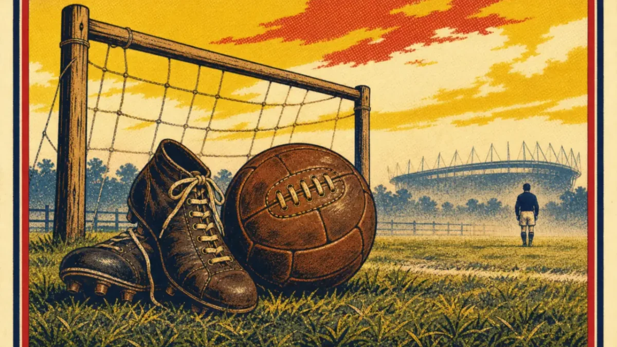 Balón de cuero antiguo y botas de tacos junto a una portería de madera en un campo de principios del siglo XX