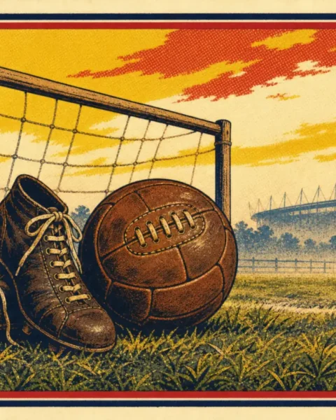 Balón de cuero antiguo y botas de tacos junto a una portería de madera en un campo de principios del siglo XX