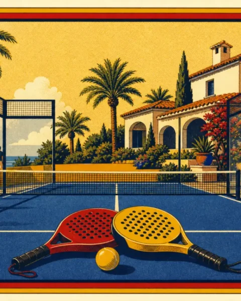 Pista de pádel con paredes de cristal junto a palmeras y una villa mediterránea