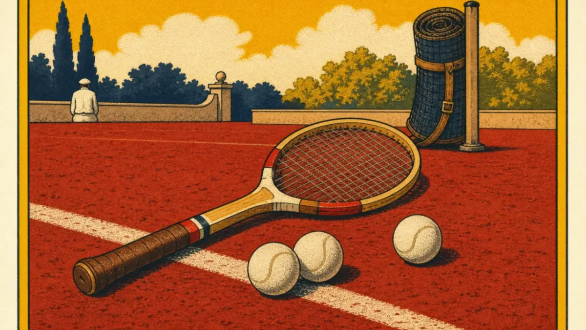 Raqueta de madera de los años sesenta y pelotas blancas sobre una pista de tierra batida