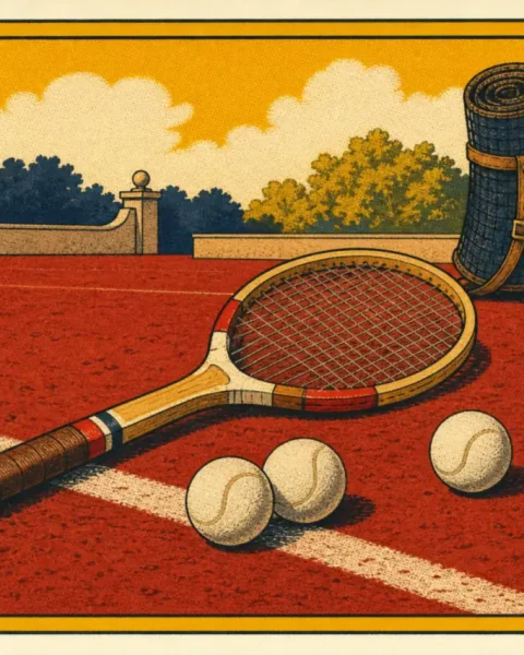 Raqueta de madera de los años sesenta y pelotas blancas sobre una pista de tierra batida