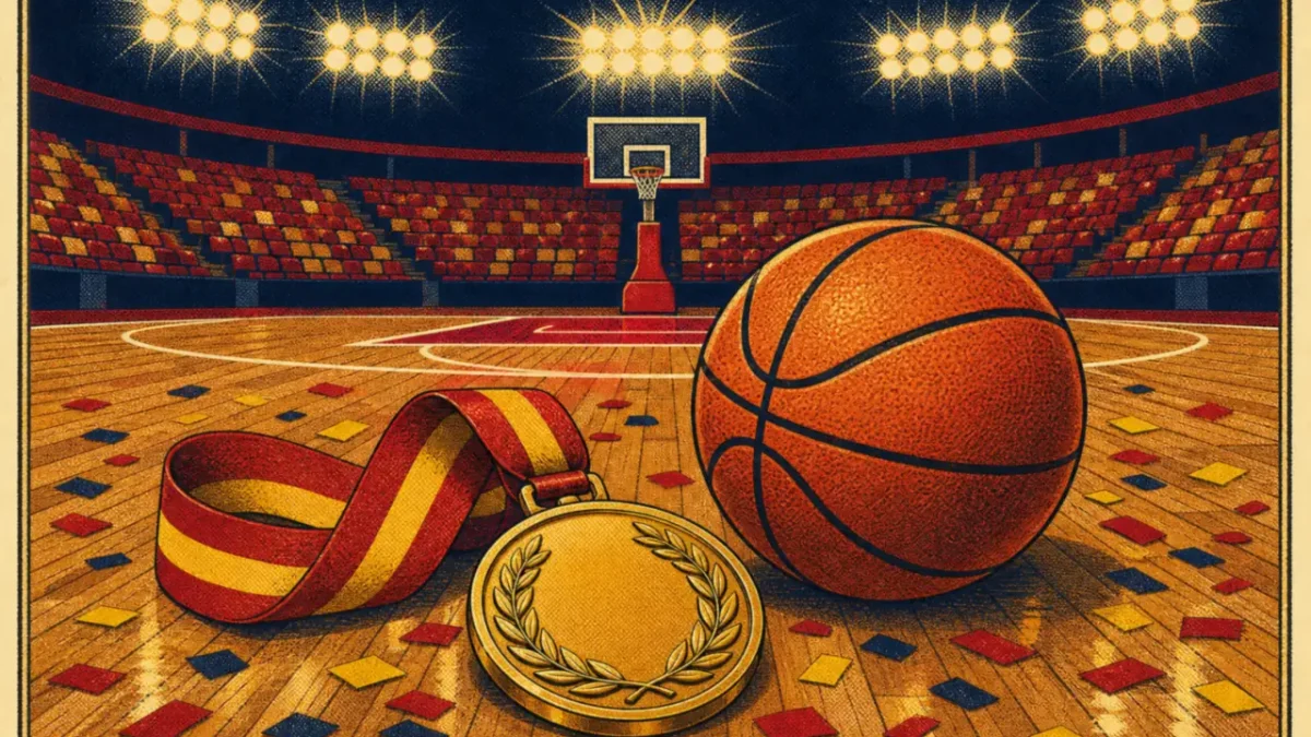 Medalla de oro y balón de baloncesto sobre el parqué de un pabellón vacío con confeti