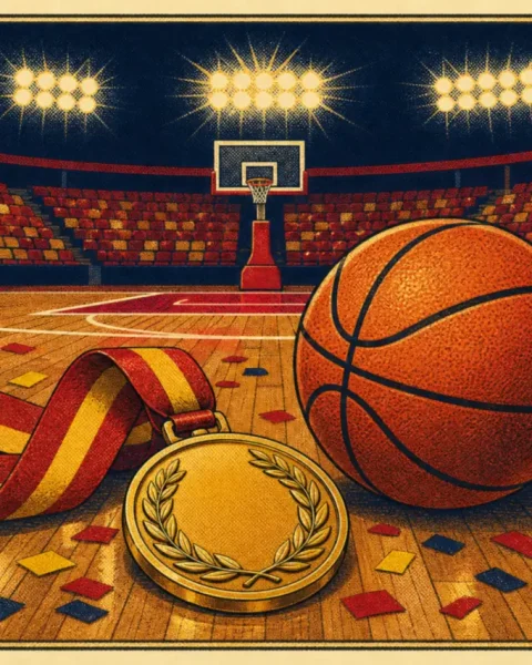 Medalla de oro y balón de baloncesto sobre el parqué de un pabellón vacío con confeti