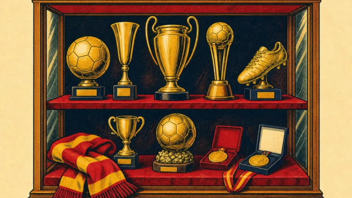 Vitrina con trofeos dorados de fútbol y medallas sobre terciopelo rojo y una bufanda roja y amarilla