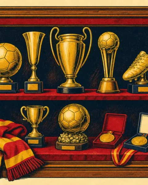Vitrina con trofeos dorados de fútbol y medallas sobre terciopelo rojo y una bufanda roja y amarilla