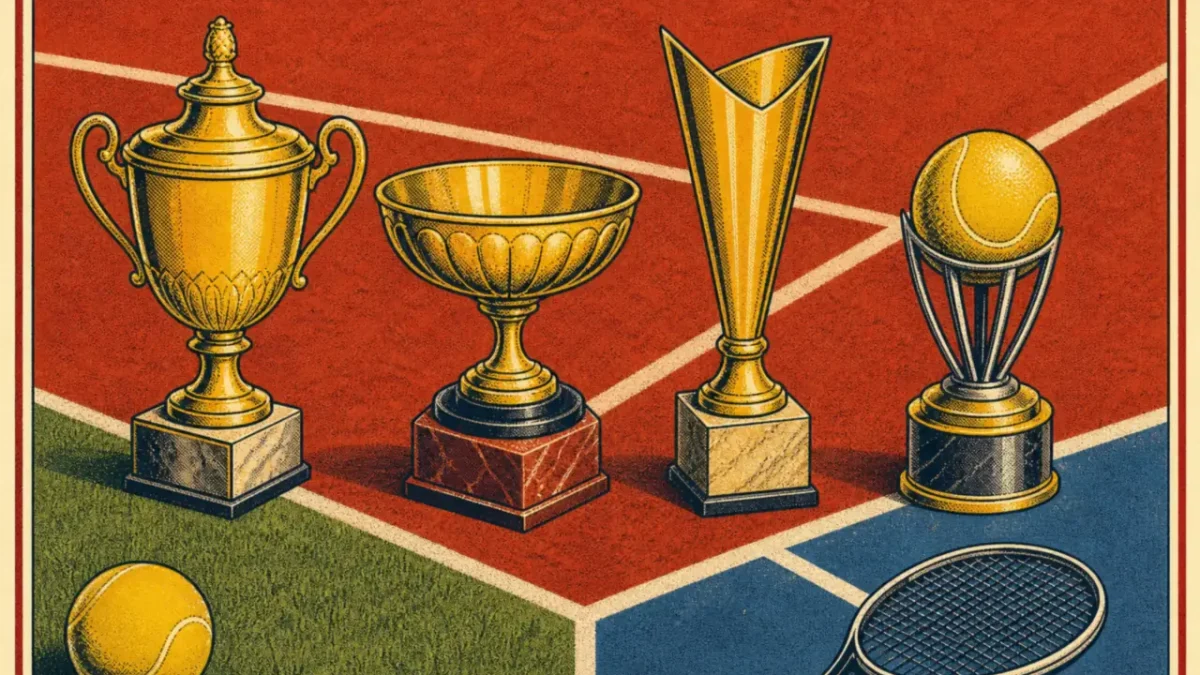 Cuatro trofeos de tenis sobre tierra batida, hierba y pista dura
