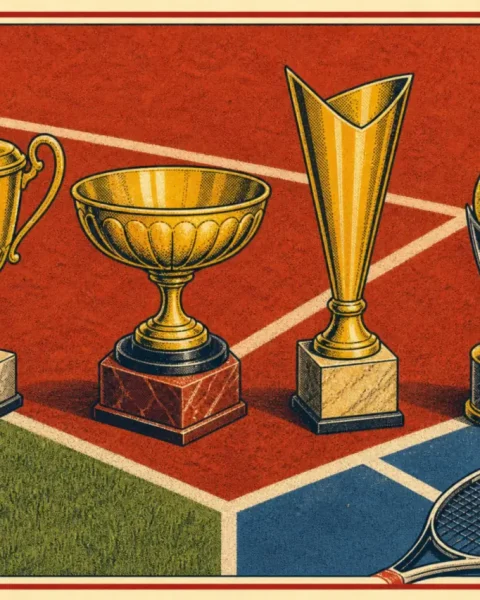 Cuatro trofeos de tenis sobre tierra batida, hierba y pista dura