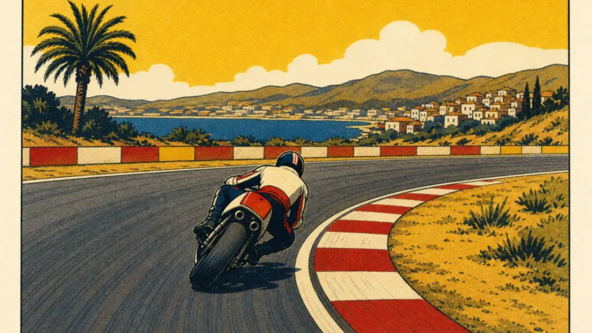 Moto de carreras inclinada en una curva de un circuito español con pianos rojos y blancos