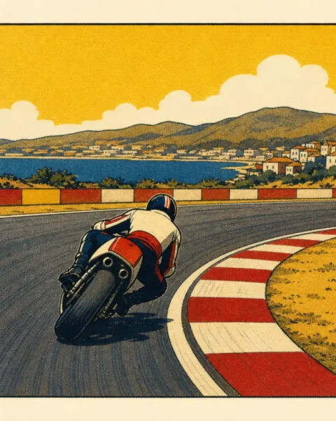 Moto de carreras inclinada en una curva de un circuito español con pianos rojos y blancos