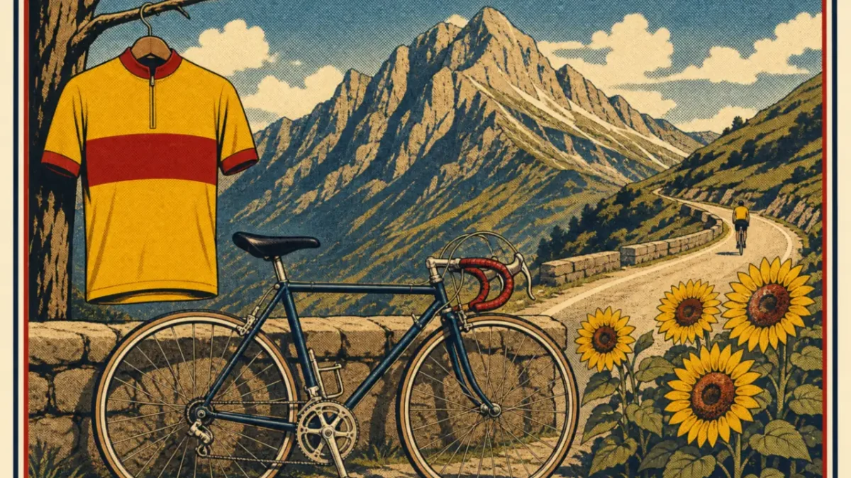 Maillot amarillo colgado junto a una bicicleta clásica en un puerto de los Pirineos