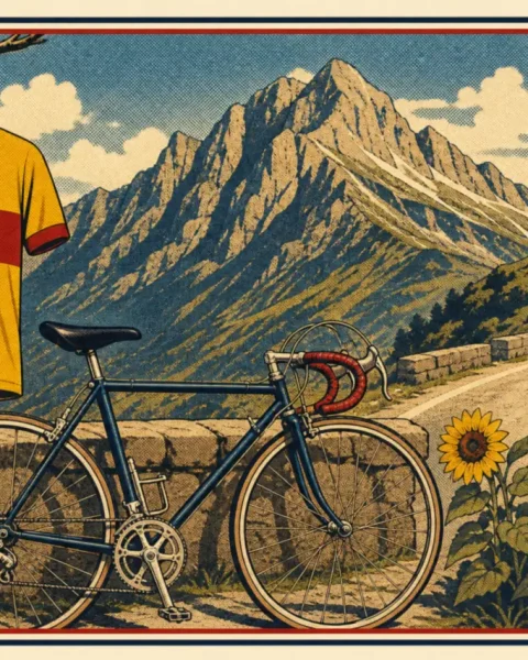 Maillot amarillo colgado junto a una bicicleta clásica en un puerto de los Pirineos