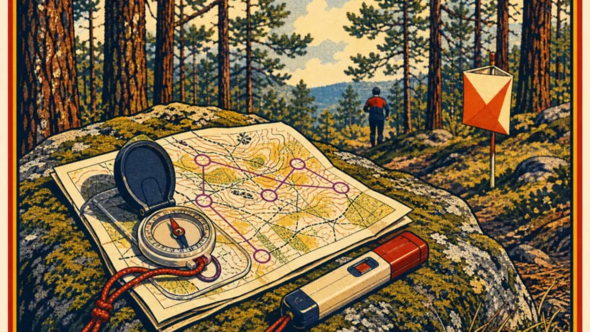 Mapa de orientación con círculos de recorrido, brújula de pulgar y pinza electrónica sobre una roca en un pinar