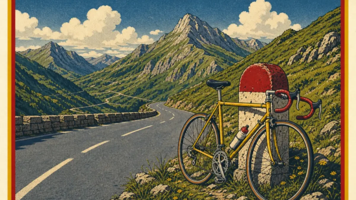 Carretera de montaña en Asturias con una bicicleta de carretera apoyada en un mojón
