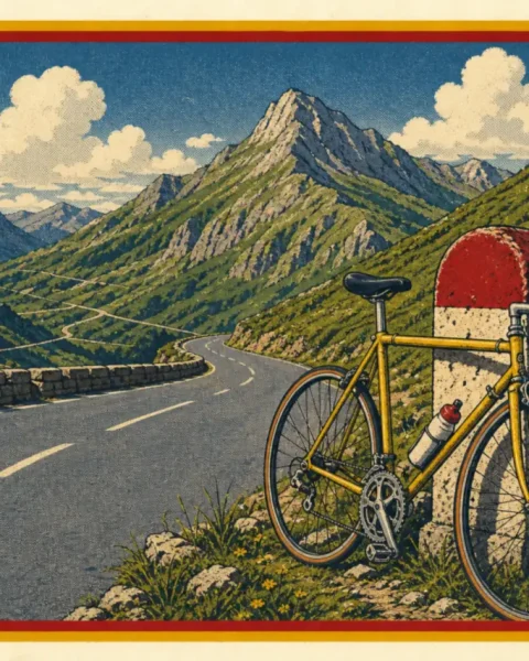 Carretera de montaña en Asturias con una bicicleta de carretera apoyada en un mojón