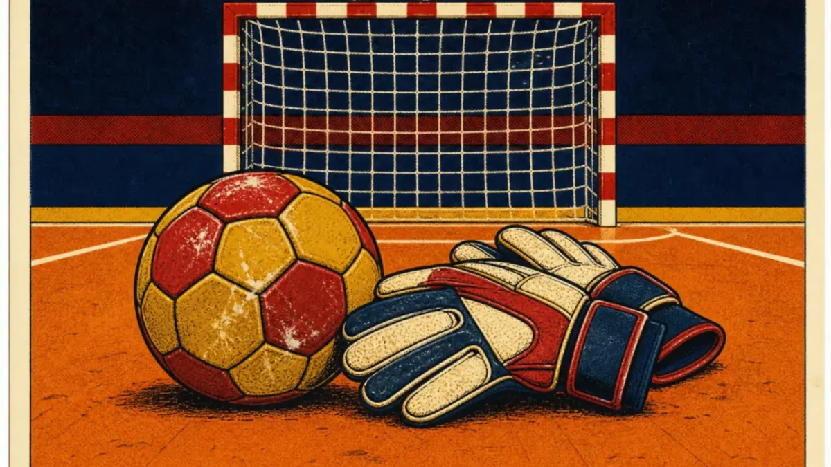Balón de balonmano y guantes de portero en la pista naranja de un pabellón