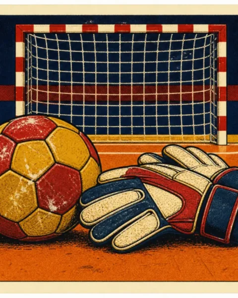 Balón de balonmano y guantes de portero en la pista naranja de un pabellón