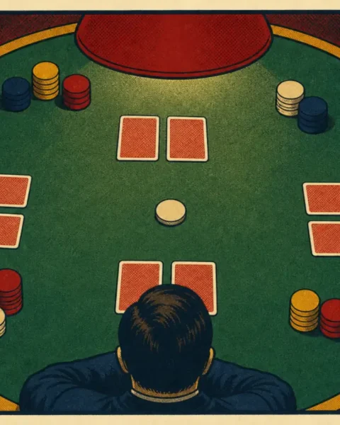 Mesa de fieltro verde vista desde arriba con cartas boca abajo y fichas como piezas de juego
