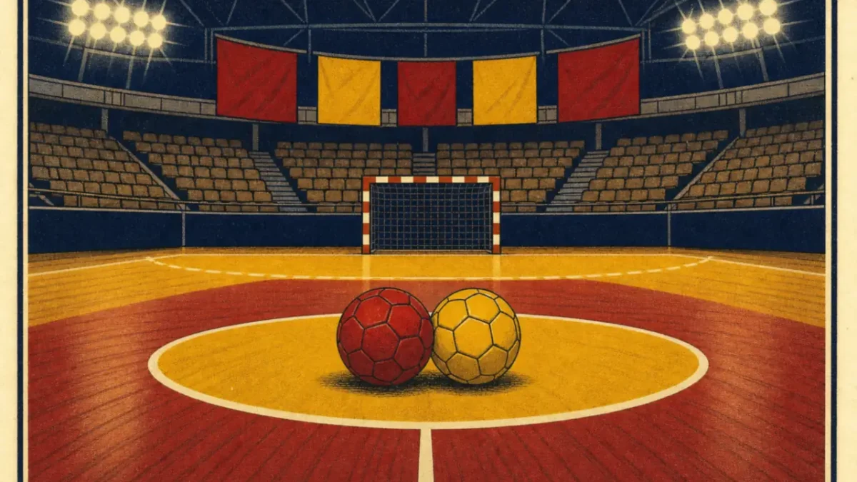 Dos balones de balonmano, uno rojo y otro amarillo, en el círculo central de una pista