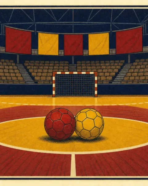 Dos balones de balonmano, uno rojo y otro amarillo, en el círculo central de una pista