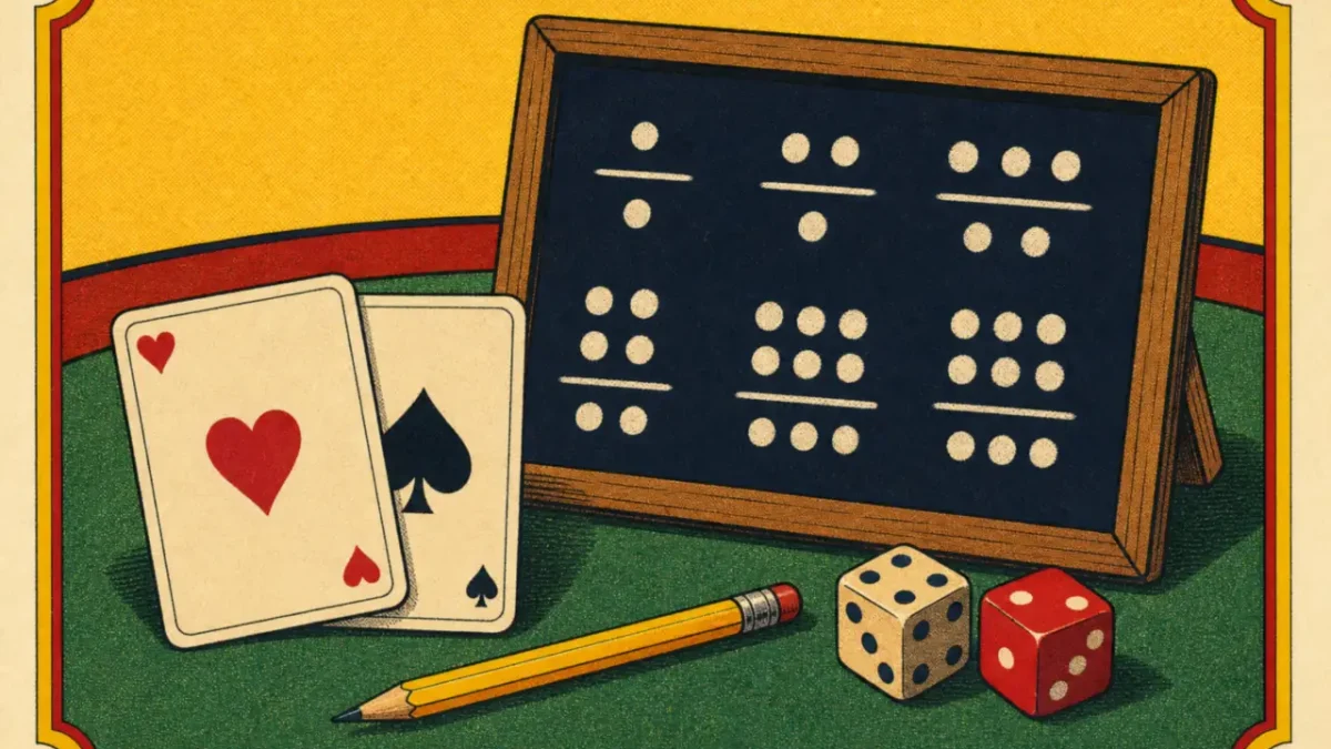 Dos cartas boca arriba junto a una pizarra con fracciones dibujadas, un lápiz y dados