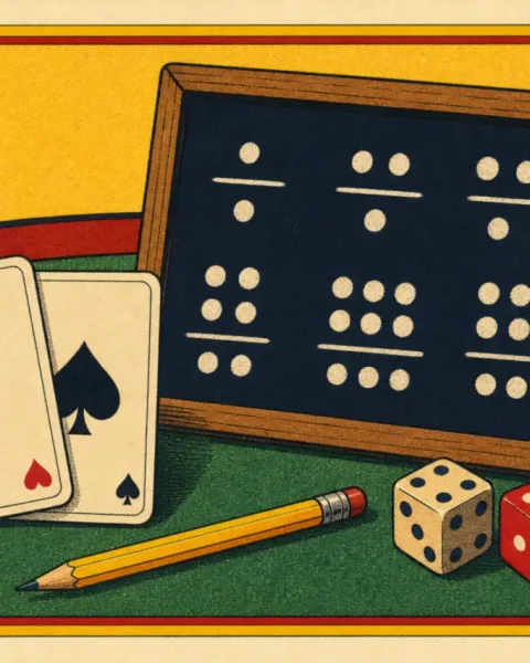 Dos cartas boca arriba junto a una pizarra con fracciones dibujadas, un lápiz y dados