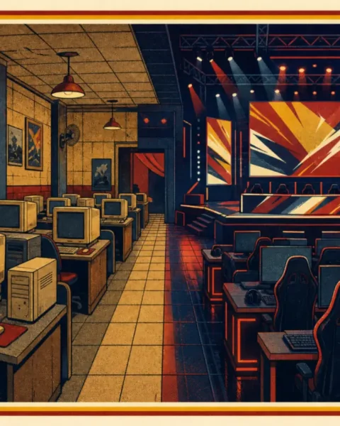 Cibercafé con monitores antiguos que se transforma en el escenario de un estadio de esports