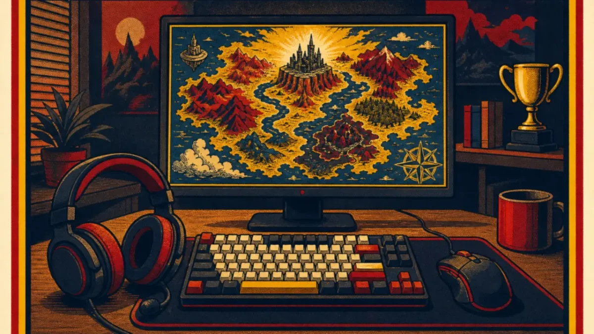 Auriculares, teclado y ratón frente a un monitor con un mapa de fantasía y un trofeo en la estantería