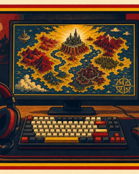 Auriculares, teclado y ratón frente a un monitor con un mapa de fantasía y un trofeo en la estantería
