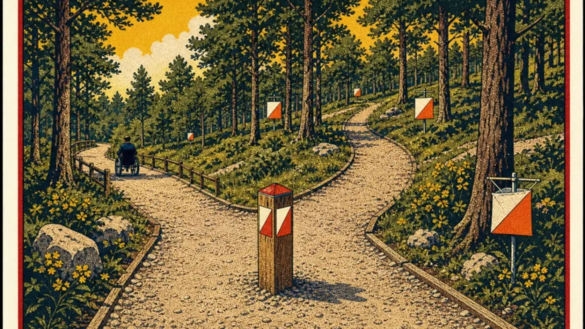 Camino forestal accesible con un punto de decisión y varias balizas naranjas y blancas entre los árboles