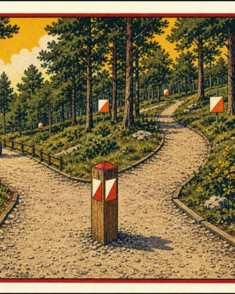 Camino forestal accesible con un punto de decisión y varias balizas naranjas y blancas entre los árboles