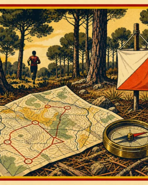 Mapa de orientación antiguo y brújula de latón sobre el suelo de un pinar castellano con una baliza